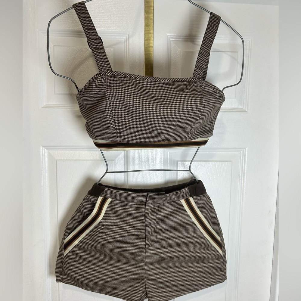 Wild honey Brown Houndstooth Cropped Tank & High Waisted Shorts Set